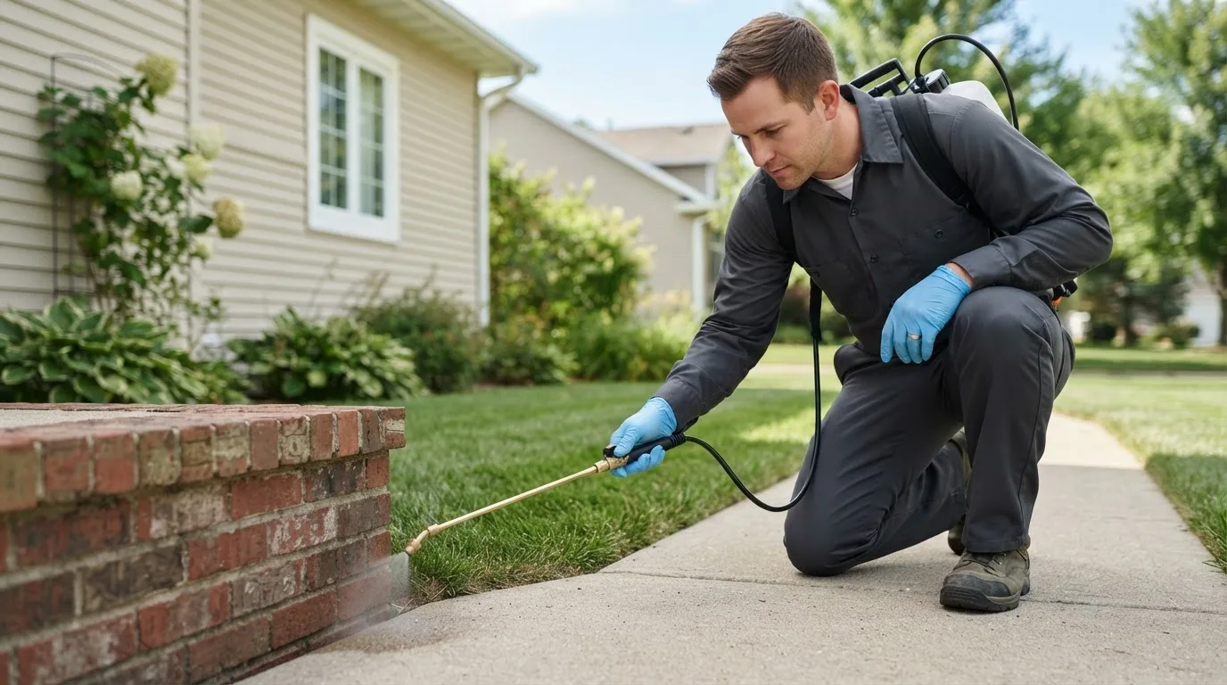 Pest control technician treating a home near Cactus, TX
